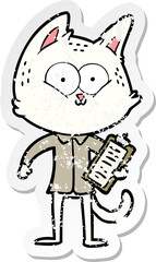 distressed sticker of a cartoon cat with clipboard