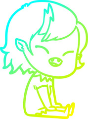 cold gradient line drawing cartoon laughing vampire girl sitting