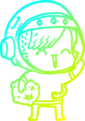 cold gradient line drawing cartoon happy spacegirl holding moon rock