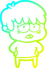 cold gradient line drawing cartoon exhausted boy