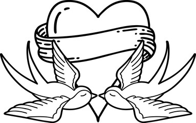 black line tattoo of a swallows and a heart with banner