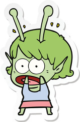sticker of a cartoon shocked alien girl
