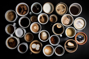 Obraz na płótnie Canvas Overhead top view of lots of different cups of coffee. Generative ai