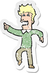 retro distressed sticker of a cartoon frightened man pointing
