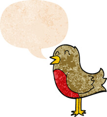 cartoon bird and speech bubble in retro textured style