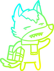 cold gradient line drawing cartoon wolf with a gift