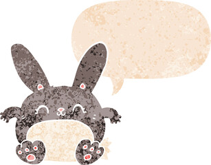 cartoon rabbit and speech bubble in retro textured style