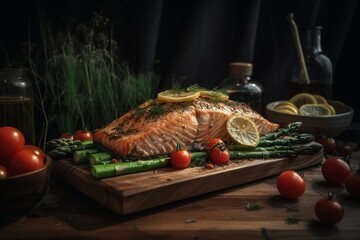 Fototapeta na wymiar Baked salmon garnished with asparagus and tomatoes with herbs, a wooden table, and beautiful service. Generative AI