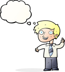 cartoon school boy with idea with thought bubble