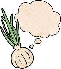 cartoon garlic and thought bubble in grunge texture pattern style
