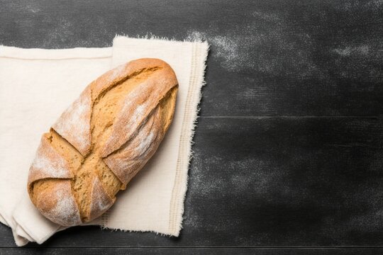 freshly baked bread on top of tea towel on black stone table