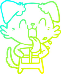 cold gradient line drawing cartoon panting dog with present