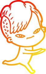 warm gradient line drawing cute cartoon girl with hipster haircut