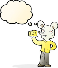 cartoon mouse holding cheese with thought bubble
