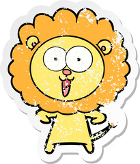 distressed sticker of a happy cartoon lion