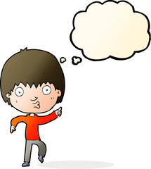 cartoon impressed boy pointing with thought bubble