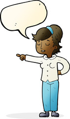 cartoon friendly woman pointing with speech bubble
