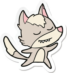 sticker of a friendly cartoon wolf dancing