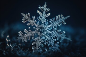 Macro Photo of Snowflake on Dark Blue Winter Background