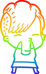 rainbow gradient line drawing cartoon squinting girl