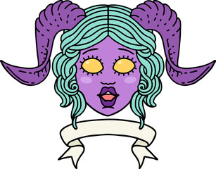tiefling character face with scroll banner illustration