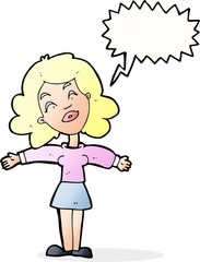 cartoon woman with open arms with speech bubble