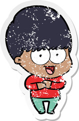 distressed sticker of a happy cartoon boy
