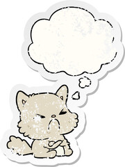 cartoon angry cat and thought bubble as a distressed worn sticker