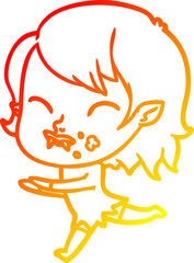 warm gradient line drawing cartoon vampire girl with blood on cheek