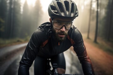 Professional cyclist in the mountain during foggy morning. Generative AI