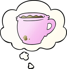 cartoon hot cup of coffee and thought bubble in smooth gradient style