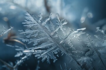 Winter Scene with Delicate Snowflakes and Frost Close-Up