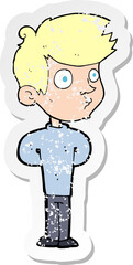 retro distressed sticker of a cartoon boy staring