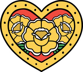 traditional tattoo of a heart and flowers