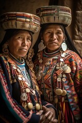 Quechua native indigenous women in their traditional costumes. Generative AI vertical shot