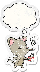 Obraz na płótnie Canvas cartoon cat with coffee and cigar and thought bubble as a distressed worn sticker
