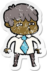 distressed sticker of a cartoon curious man