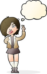 cartoon cool girl giving peace sign with thought bubble