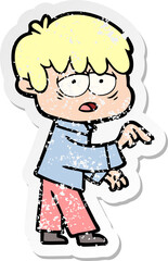 distressed sticker of a cartoon exhausted boy