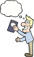 cartoon man with book with thought bubble