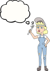 thought bubble cartoon capable woman with wrench