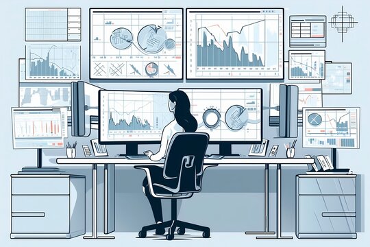 vector image of a woman working as a data analyst, vector, flat design style, character, cartoon, office worker, employee, cute concept vector illustration in flat style. generative ai