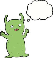 cartoon funny little alien with thought bubble