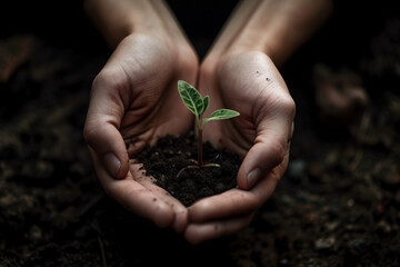 A close-up of a person's hands holding a small plant in soil. The plant is just starting to sprout. This image represents new beginnings and growth. Generative AI technology