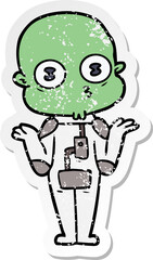 distressed sticker of a confused weird bald spaceman