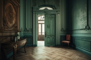 Fototapeta na wymiar Empty vintage foyer with green open door - rendering. Generative AI