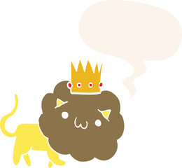 cartoon lion and crown and speech bubble in retro style