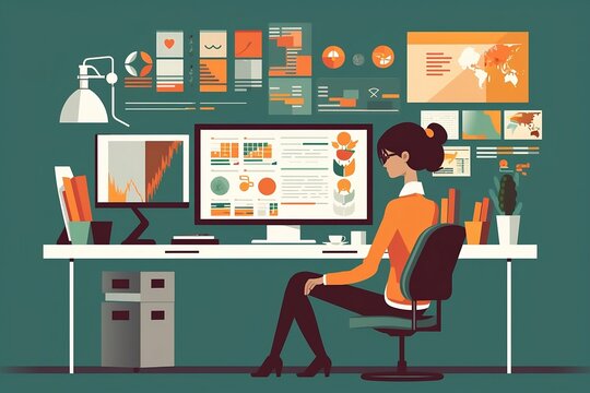 vector image of a woman working as a marketer, vector, flat design style, character, cartoon, office worker, employee, cute concept vector illustration in flat style. generative ai