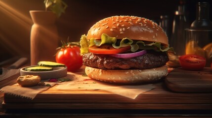 Cooked delicious realistic burger on a skewer and grilled baked vegetables