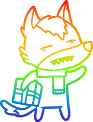 rainbow gradient line drawing cartoon wolf with a gift